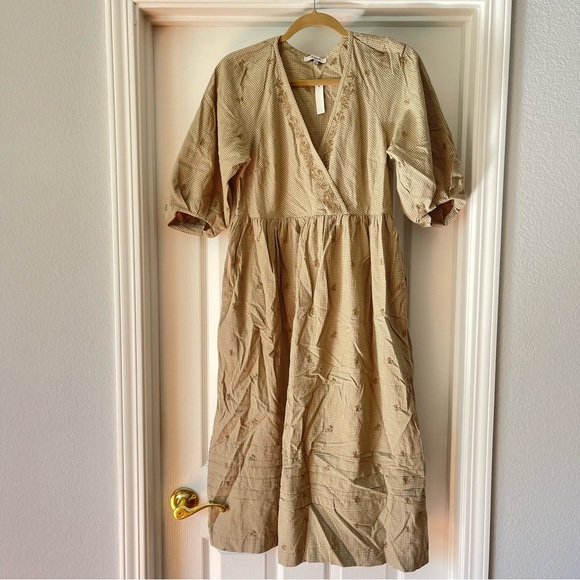 Madewell Green and White Gingham Embroidered Puff Sleeve Midi Dress with Pockets - Picture 3 of 4